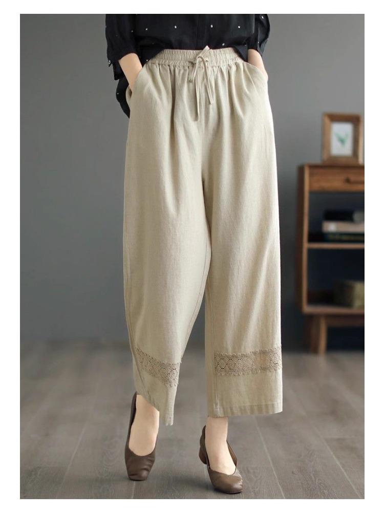 2025 Eleganckie Krótkie Bawełniane Spodnie Proste Damskie Retro Duży Rozmiar Luźne Spodnie z Panelami z Koronki Wiosna Lato Casual Szerokie Nogawki