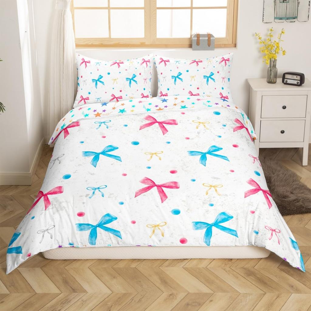 Bowknot Decoration Soft Duvet Cover Set Twin Double Sized Dimensions for Young Girls Dreamy Princes Style Children Kids Beding Set Kawai Bow Warm
