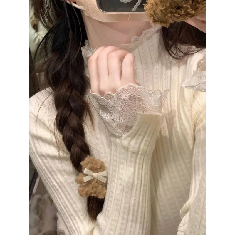 Temperament lace semi-turtleneck top women's autumn and winter slim-fit stacked design sense with knitted sweater fashionable bottoming shirt