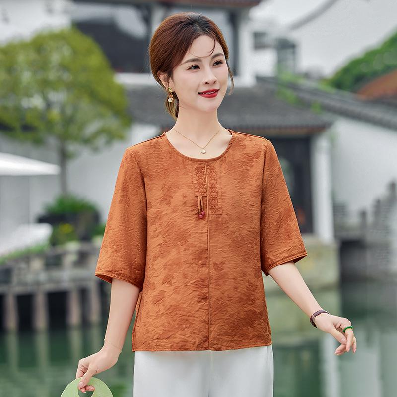 Women's Round Neck T-Shirt Vintage Chinese Style Loose 3/4 Sleeve Cotton Linen Summer Blouse For Middle Aged Women