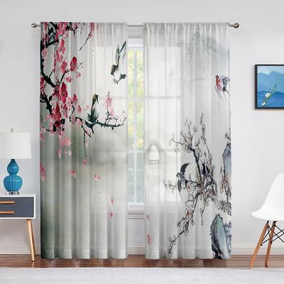 Birds On Branch Cherry Blossom Ink Painting Tulle Voile Curtains for Bedroom Window Curtain for Living Room Sheer Curtain Drapes