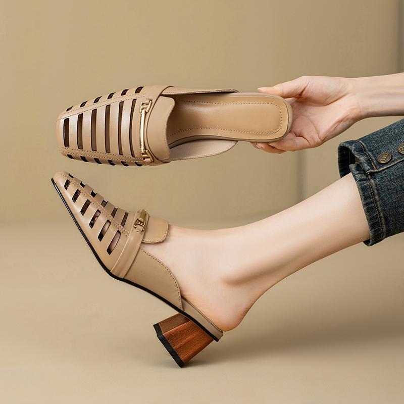 Fashion Women's New Leather, Cowhide, Metal Accessories, Mid Heel, Large Toe, Mueller Slippers, Breathable Perforated Shoes