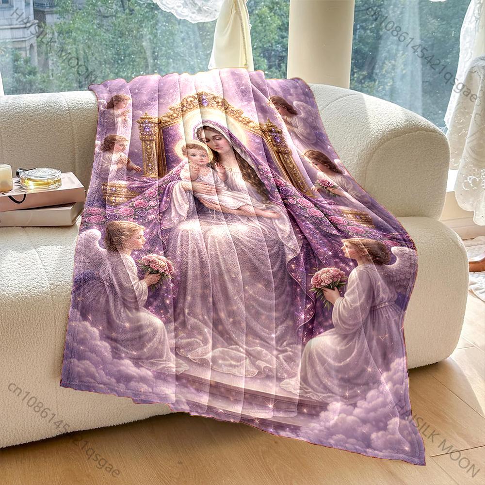1PC Virgin Mary surrounded by angels Print Blanket Warm Soft Fluffy Kids and Adult Sofa Bed Throw Blanket Travel Camping RV
