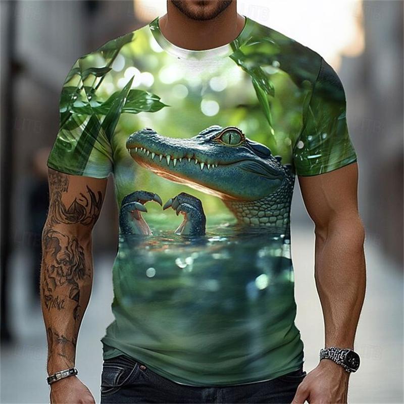 T-shirt à manches courtes pour homme avec motif crocodile amusant, col rond imprimé en 3D, haut de fête/vacances/printemps et été 2025