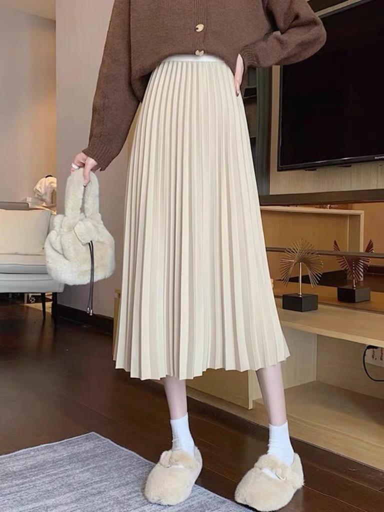 Pleated Midi Skirt, Wool-blend, Thick and Flowing, Solid Color Slimming A-line Silhouette