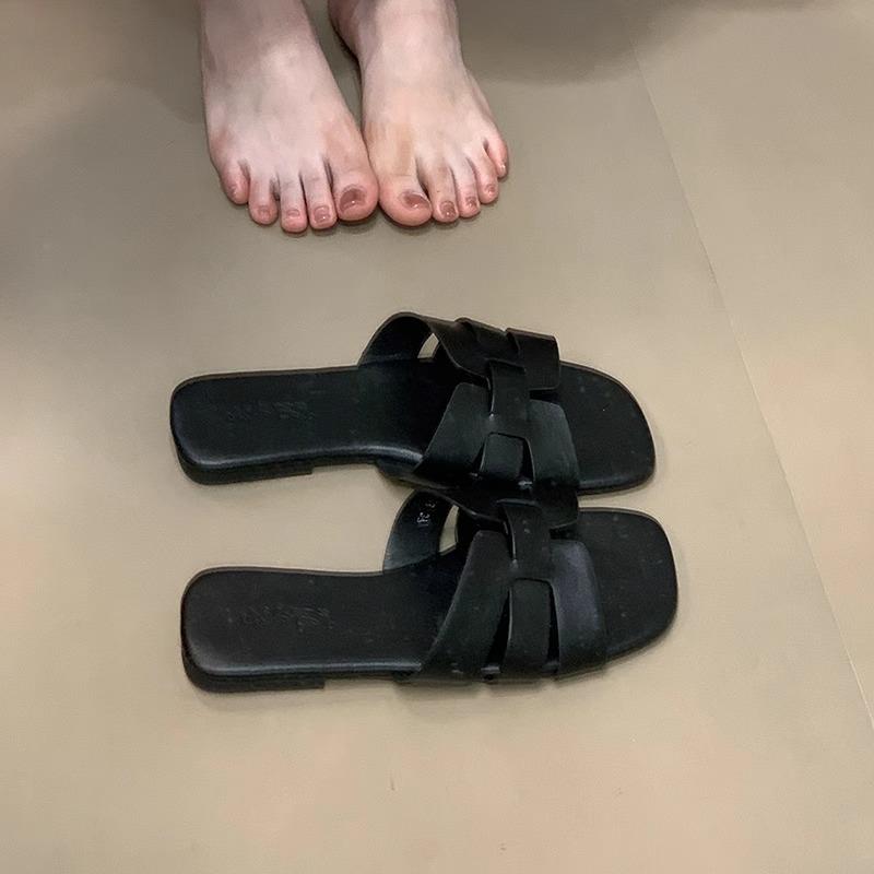 Sheepskin Version! Retro Brown Sandals Women's Summer Square Head One-word Open-toe Rear Strap Thick Heel Casual Roman Shoes