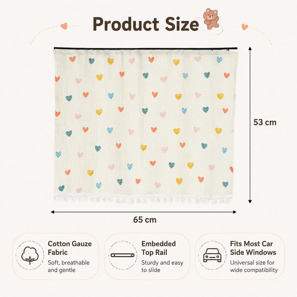 Car Side Window Sunshade Curtain with Embedded Rail, Cute Cotton Gauze Privacy Shade, Heat Insulation UV Protection Auto Window