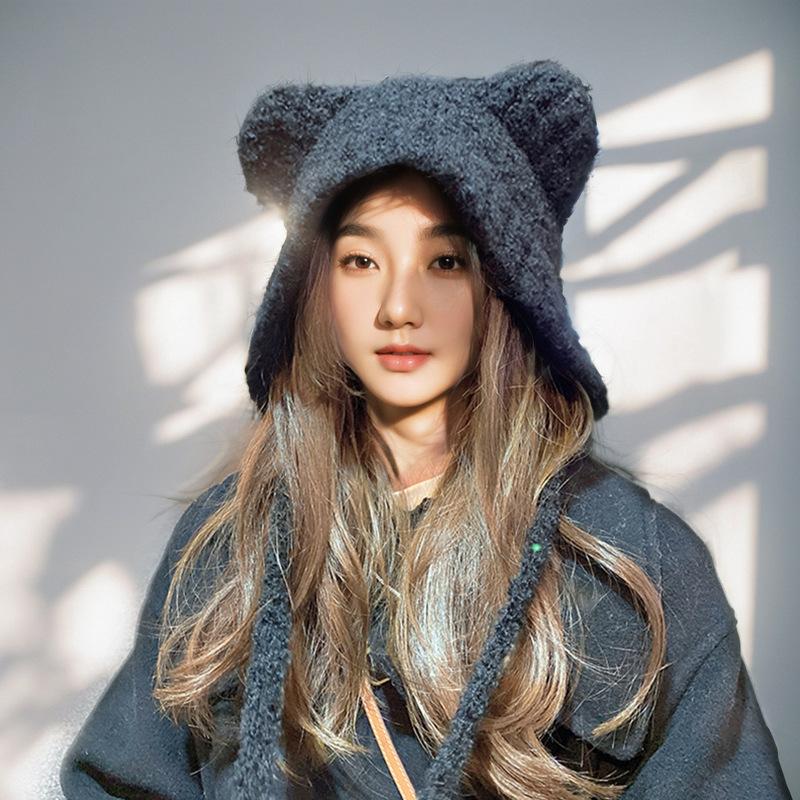 Bear Wool Hat Women's Winter Face Showing Small Warm Knitted Hat Big Head Ear Protection Wool Hat Fashionable