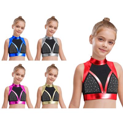 Girls Dance Crop Top Mock Neck Sleeveless Cutout Back Shiny Rhinestones Color Block Performance
