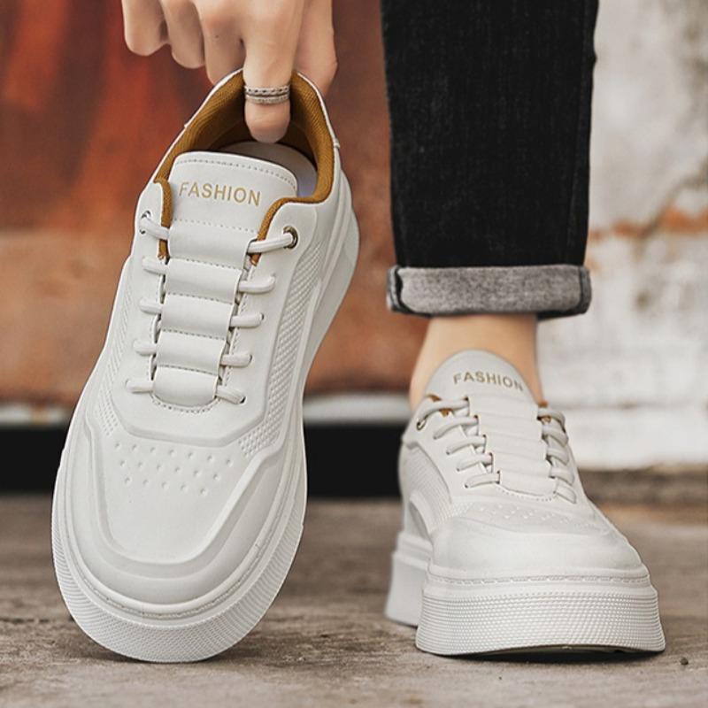 Cheap Mens White Leather Casual Shoes Thick Bottom Youth Elevated Board Shoes Fashion Trendy Man Platform Leisure Sneakers Tenis