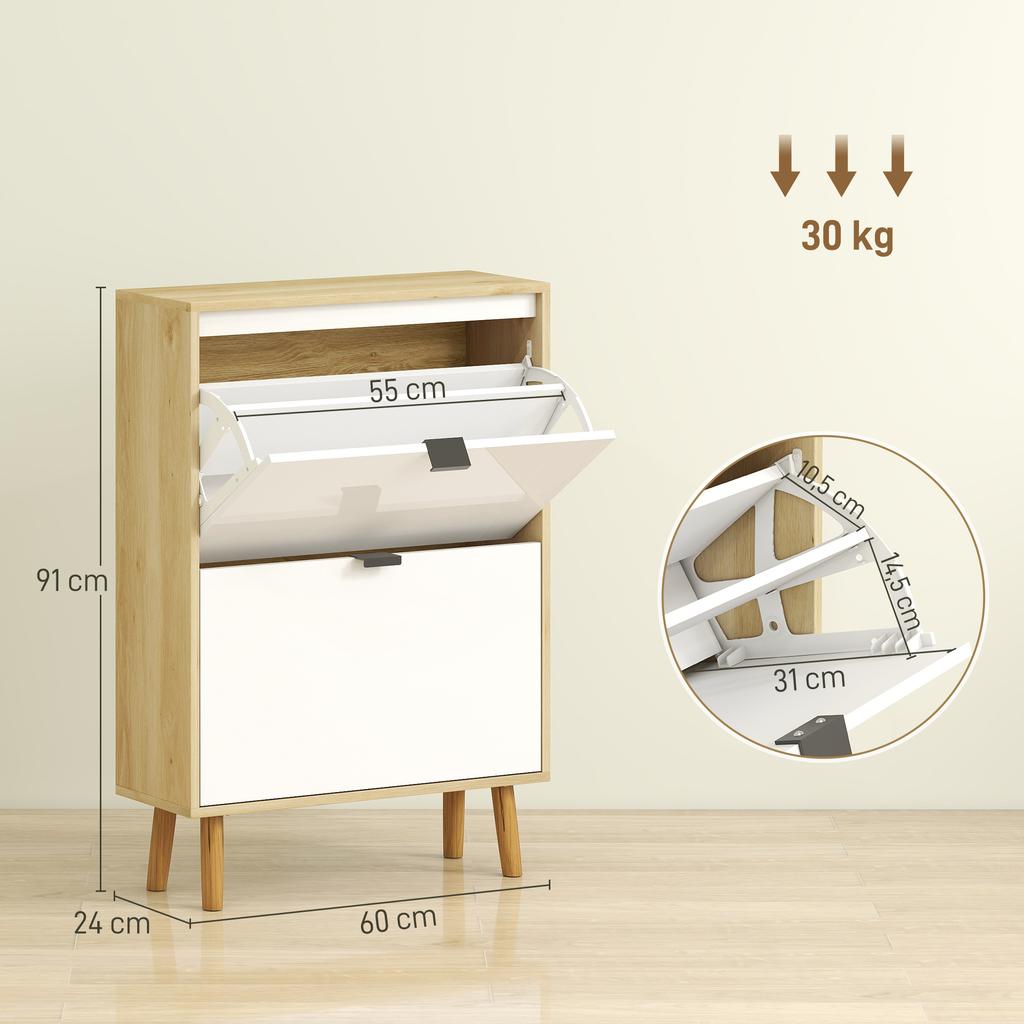 Narrow Shoe Cabinet with 2 Doors in Glossy White Adjustable Shelves Wooden Legs for 12 Pairs of Shoes