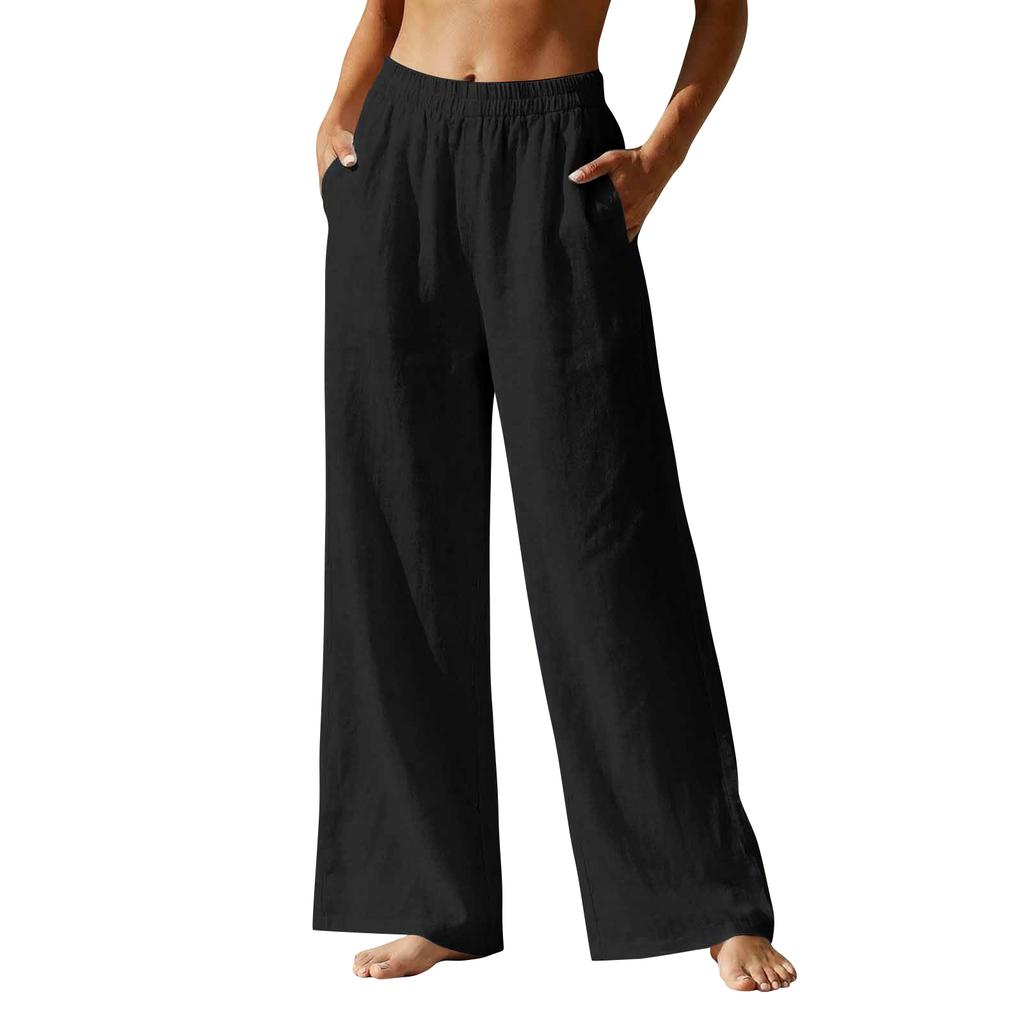 Pantalones Cropped Rectos de Algodón y Lino para Mujer Cintura Elástica Casual Ajuste Holgado Pantalones con Bolsillos para el Uso Diario