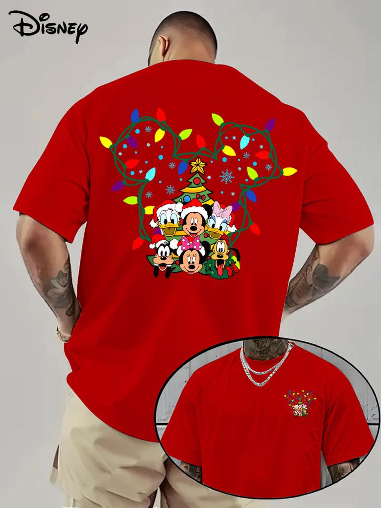 Disney Mickey Christmas Cartoon T-shirt Men Fashion Letter Cartoon Design Breathable and Lightweight Casual Short Sleeve T-shirt