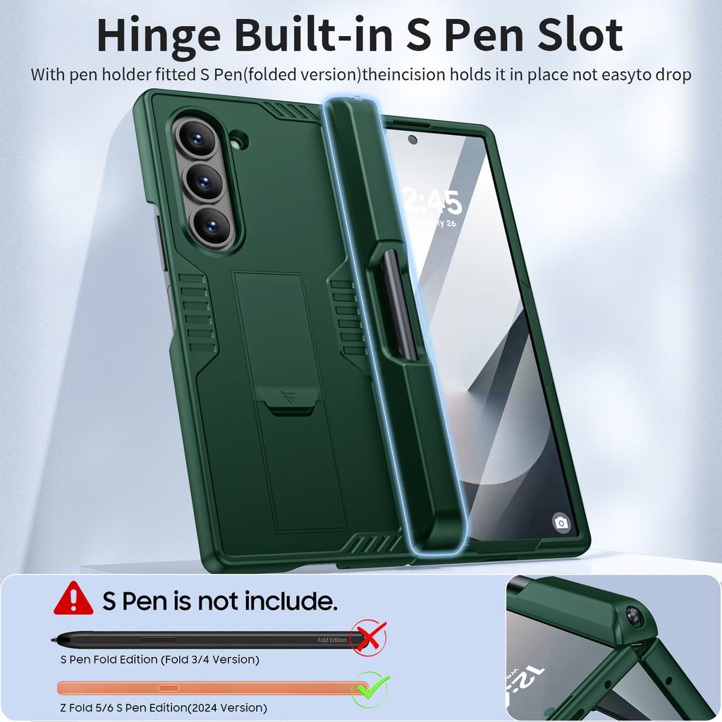 Custodia per Telefono Samsung Galaxy Z Fold 6 con Porta S Pen, Supporto Nascosto, Protezione Schermo, Custodia Protettiva Robusta Antiurto-Verde