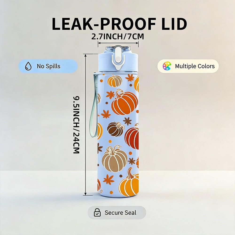 1PC Fall Pumpkin Seamless Pattern Print 750ml Color Plastic Sports Water Bottle Leakproof Flip Straw Lid Suitable for Sports Office Home Use