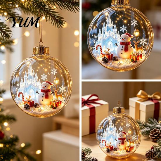 Holiday Home Decorations Glowing Christmas Ball Ornaments, Light-Up with Mini Scene, Acrylic Clear Seasonal Tree Baubles Hanging Decor Warm LED Light