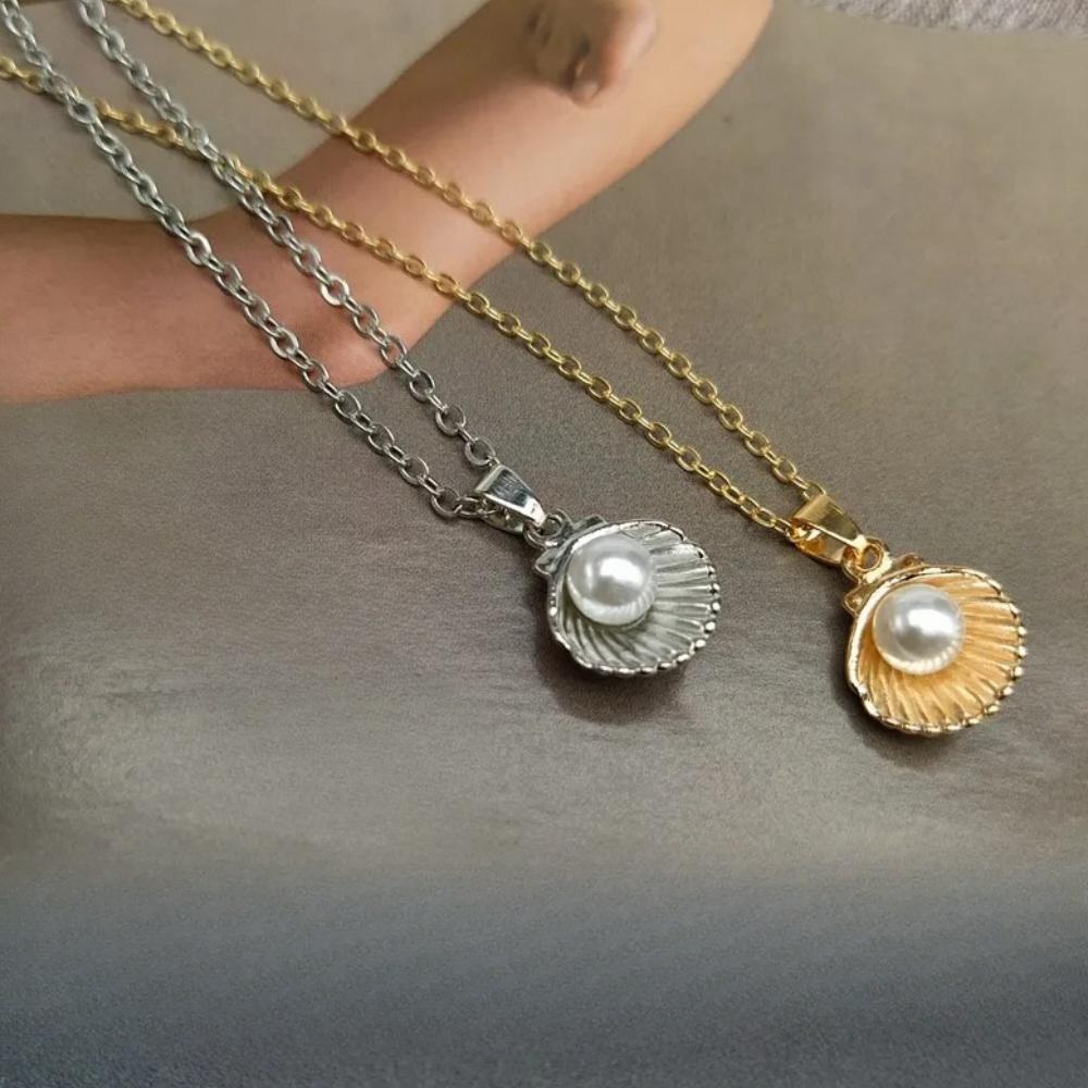 Imitation Pearl Shell Pendant Necklace Women's Ocean Series Style Elegant Short Clavicle Chain Necklace