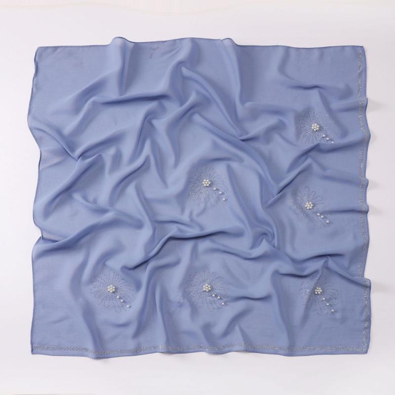 New Pearl Chiffon Daisy Rhinestone Beaded Square Scarf For Women