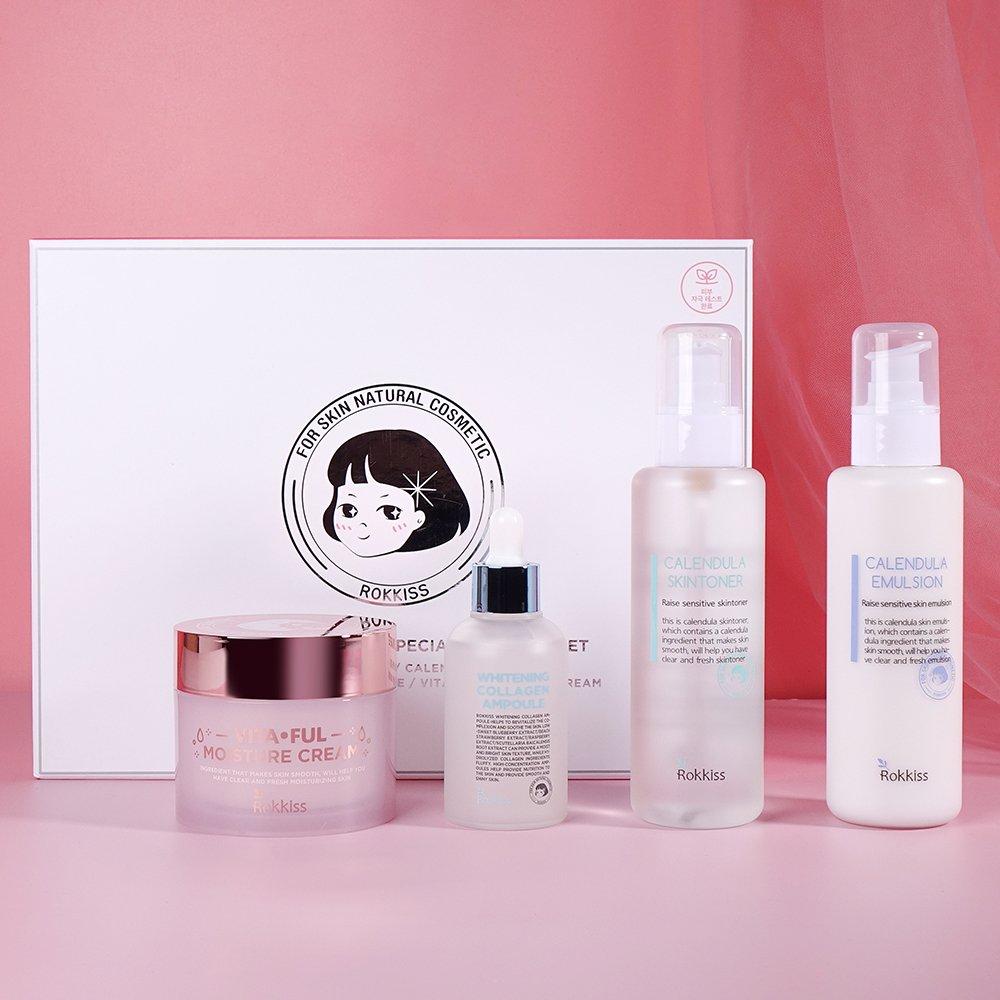 Rokkiss Ensemble spécial de soins de la peau éclaircissant de 4 produits : lotion tonique 150 ml, émulsion 150 ml, ampoule éclaircissante aux baies 55 ml, crème hydratante Vitaful 120 g