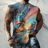 3D Printed Coconut Tree Beach Vest Men's Colorful Sunset Pattern T-shirt Summer Casual Loose Street Sports Round Neck Vest