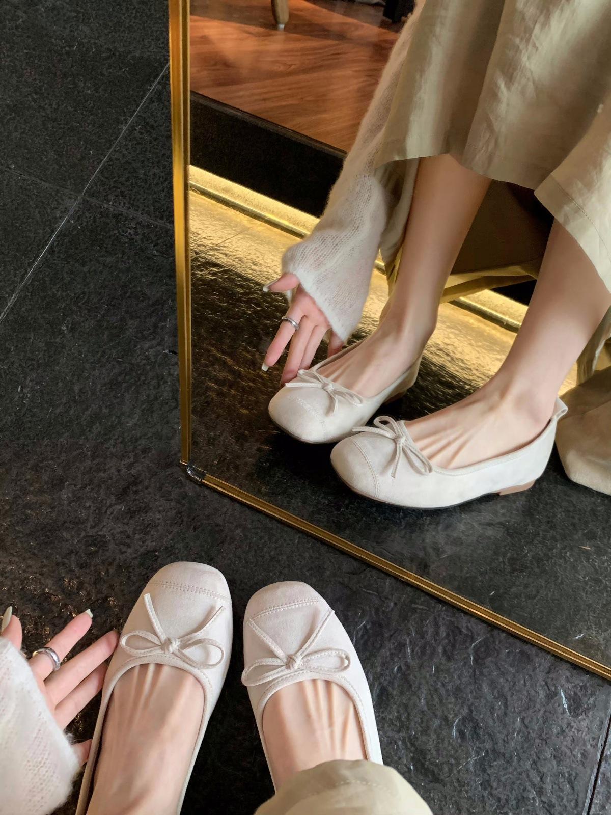 

Cowhide version~ French bow leather ballet shoes women s small heel single shoes Mary Jane ballet flat shoes low heel 40