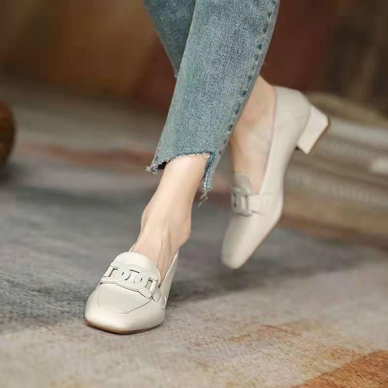 Thick Heel Single Shoes Women's 2025 Spring and Autumn New British Style Square Head Small Leather Shoes Medium Heel Black Light Mouth Ve