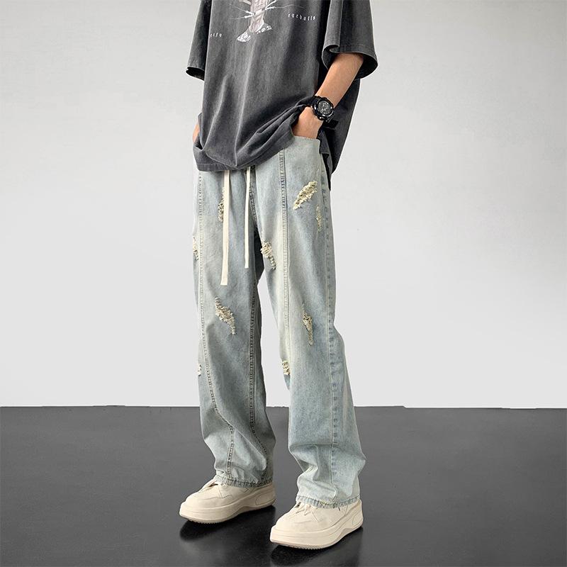 Ice silk ripped jeans men's summer trend thin loose straight pants high street trendy brand wide-leg trousers