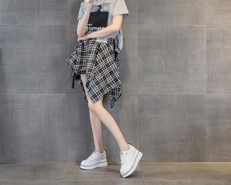 Women's White Platform Sneakers with Rhinestone Elastic Laces - Genuine Leather, Thick Sole, 7cm Height Boost, Lightweight & Versatile.