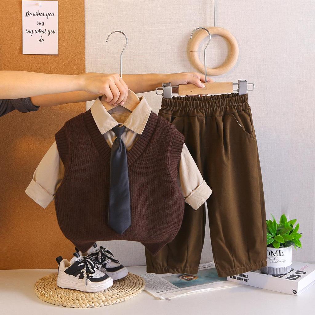 2026 Spring Children's Knit Vest & Long Sleeve Three-Piece Set - Korean Style Fashion for Boys