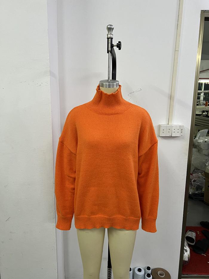 2025 European & American High Neck Casual Solid Color Knit Sweater - Autumn/Winter Versatile