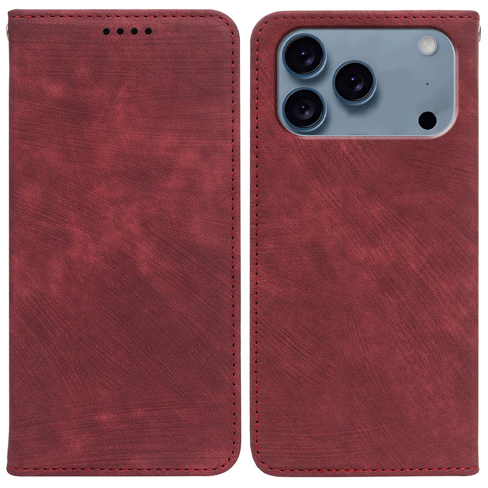 

For iPhone 17 Pro Case Strong Magnetic Leather Wallet Phone Cover with Striped Texture Red