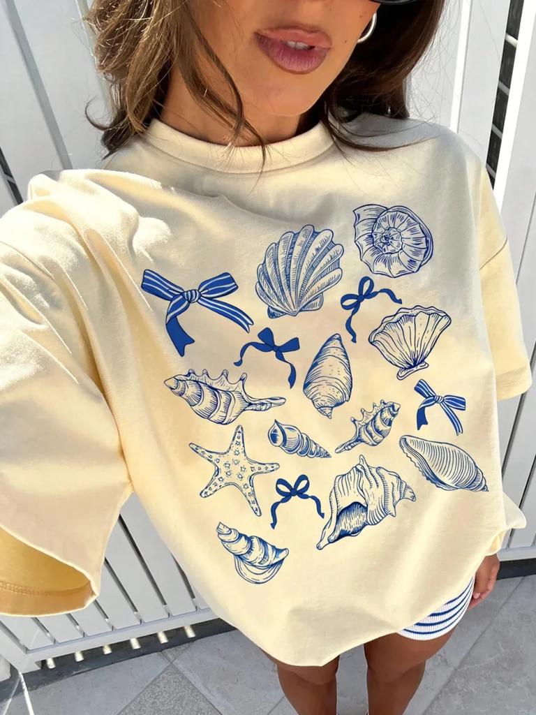 Summer American Retro Y2k Marine Animal Conch Bow Pattern Tshirt Unisexs Loose Round Neck Street Clothing Halfsleeved Top