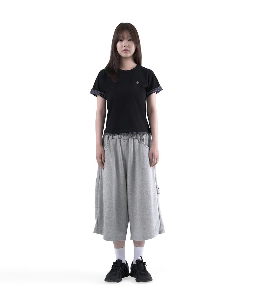 SLOW RECORD HOUSE Layered Check Roll-Up T-Shirt_Black