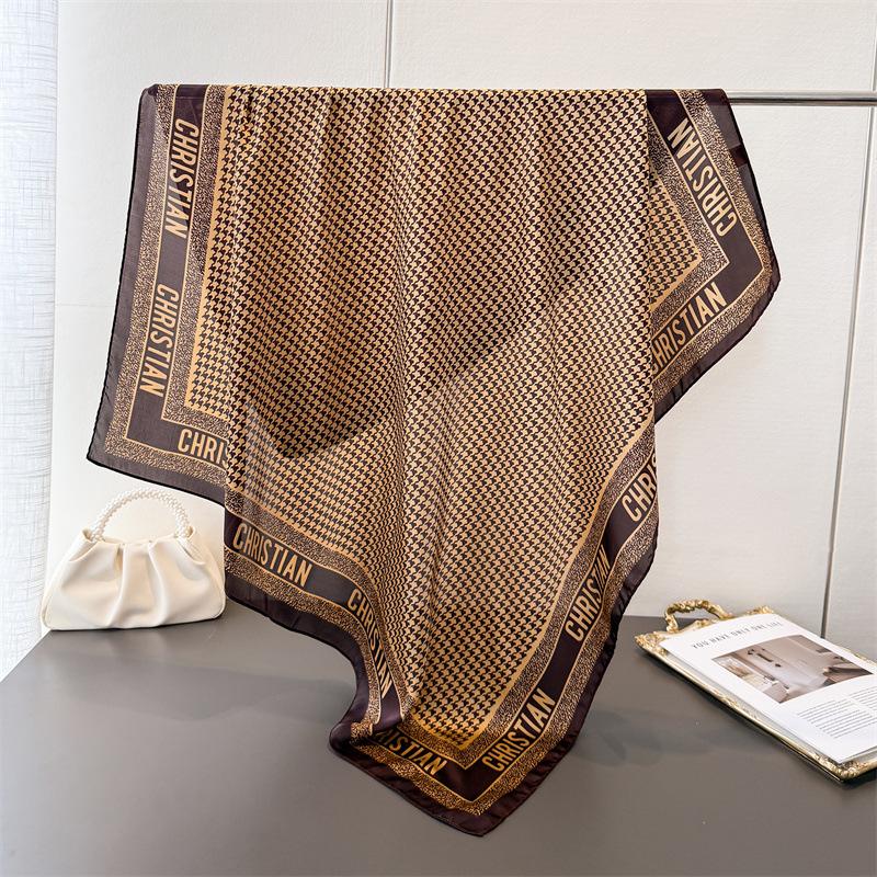Thousand Birds Plaid Simulation Silk High-end Large Square Scarf Silk Scarf Printing Travel Shawl Scarf Sunscreen Headscarf Women's Scarf