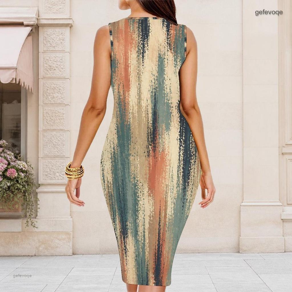 Women Plus Size Round Neck Sleeveless Printed Bodycon Midi Dress