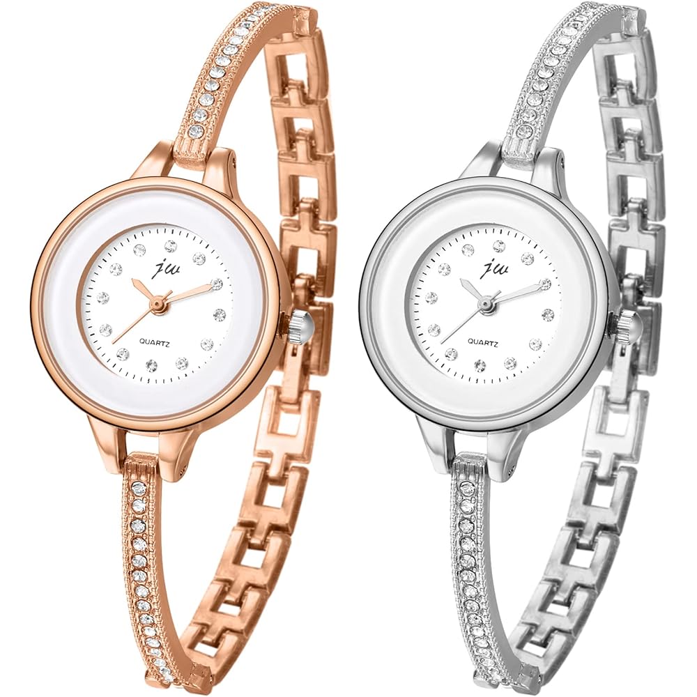 Pair of Women s Analog Watches with Rhinestones and Bracelet Bangle Waterproof Silver Rose Gold