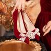 Red Stiletto High Heels, Female Xiuhe Wedding Dress Two Wear New Chinese Bridal Shoes Suede Pearl Bow