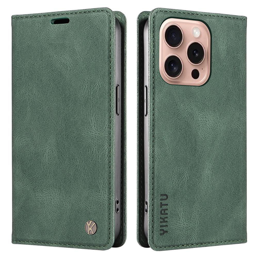 

YIKATU YK-004 For iPhone 16 Pro Case Leather Phone Cover Magnetic Absorption Stand Function Green