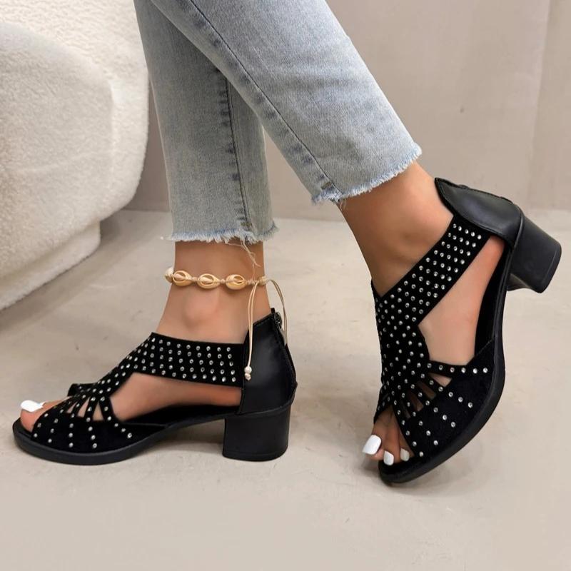 Ladies Shoes 2025 New Back Zipper Women's Sandals Crystal Office and Career Summer Open Toe Best Seller Heeled Sandals