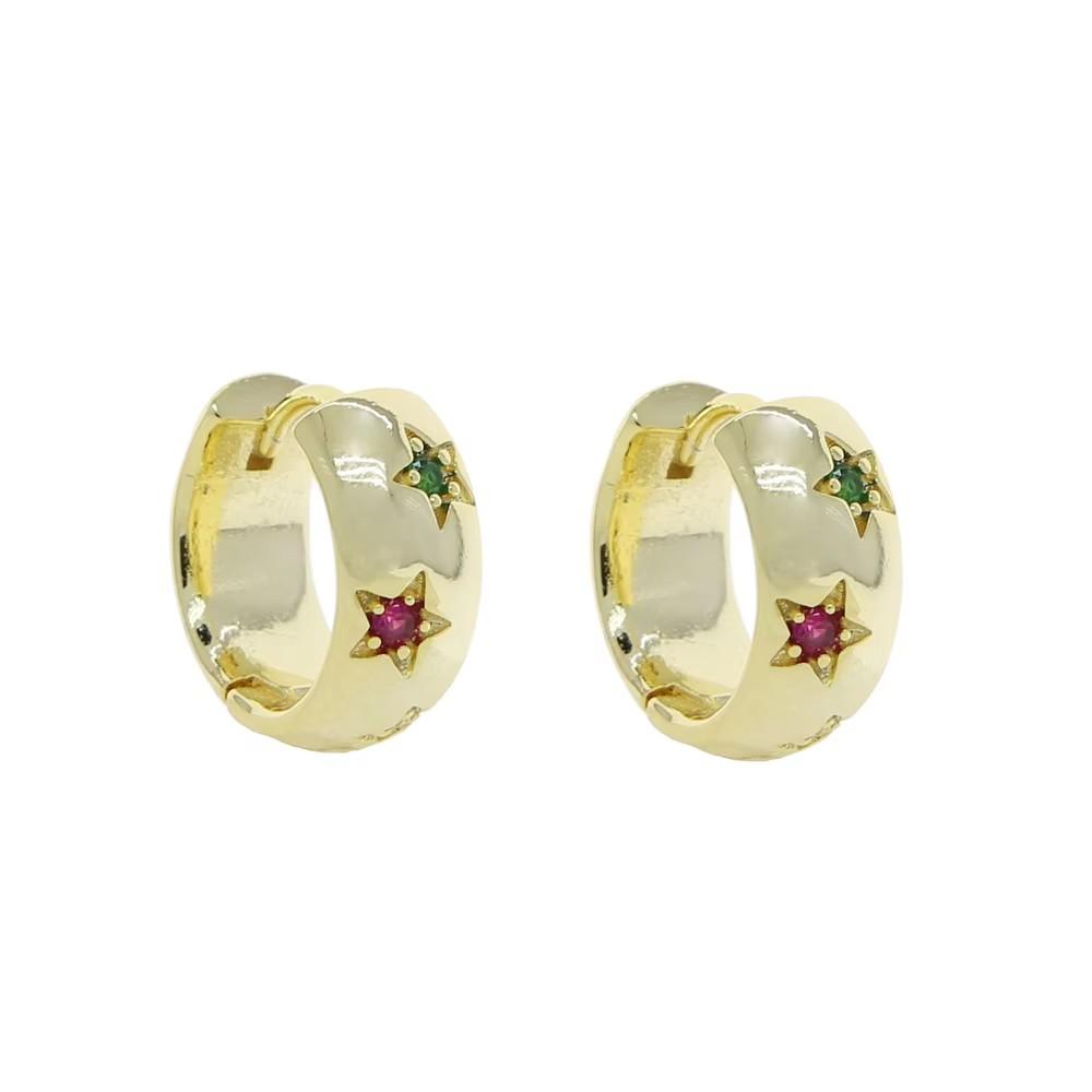 Gold Plated Fashion Women Jewelry Engraved Star Colorful 5A Cubic Zirconia CZ Hoop Huggie Earring