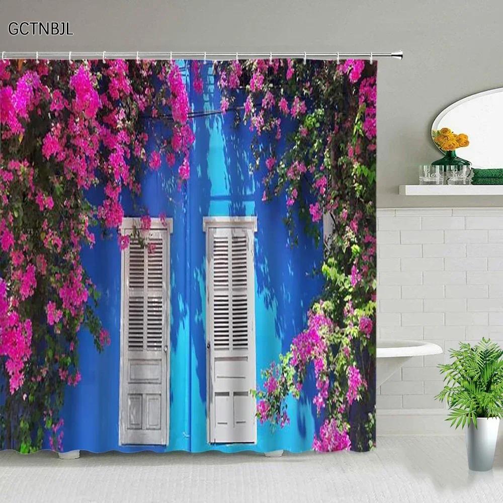 3D Europe Seaside Town Shower Curtain Flower Vine Courtyard Nature Scenery Polyester Fabric Home Decor Hook Bathroom Accessories