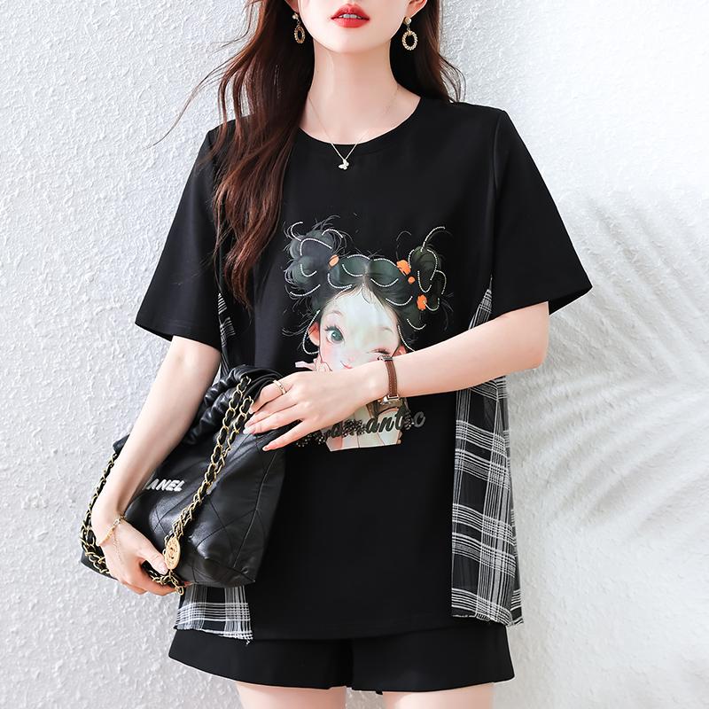 

DIMANAF 2025 Летние Женские Футболки Большого Размера с Узором, Комбинированные, с Круглым Вырезом, с Коротким Рукавом, Топы, Футболки, Свободная Рубашка XL чёрный