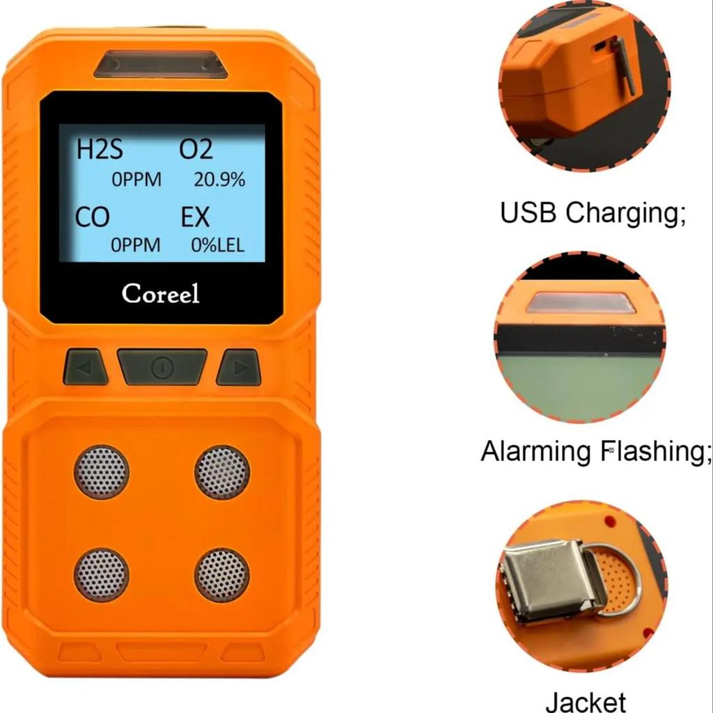 Handheld Portable High Precision 4-in-1 Gas Detector - Combustible & Toxic Hazardous Gas Meter O2 CO H2S Analyzer Rechargeable