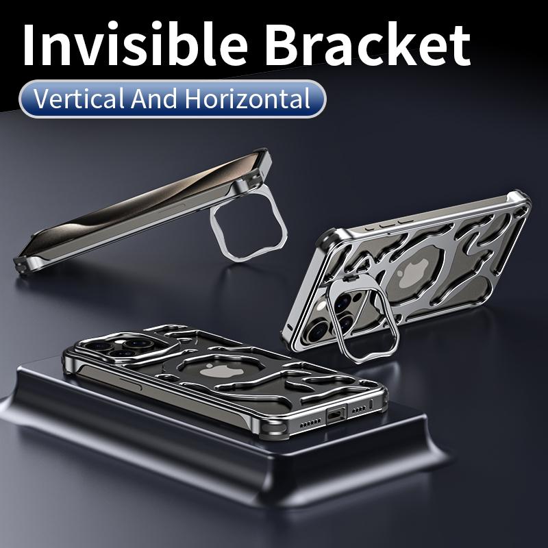 Auspicious Cloud Series For iPhone 15 Pro Max Magnetic Case Aluminum Alloy Hollow Kickstand Phone Cover