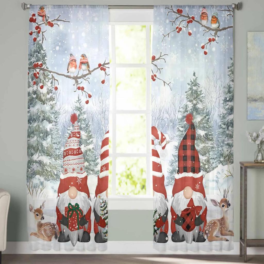 Christmas Winter Dwarf Sheer Curtains for Living Room Decoration Window Curtains Kitchen Tulle Voile Curtains