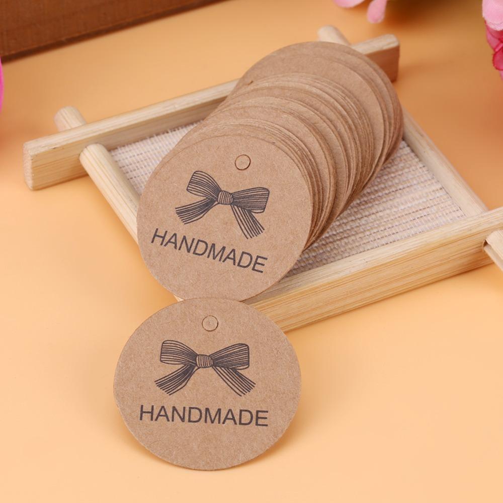 

100pcs Brown Handmade Hang Label With String Kraft Paper Tags Favor Tags Gift Tags Home Made Crafts Bow Pattern