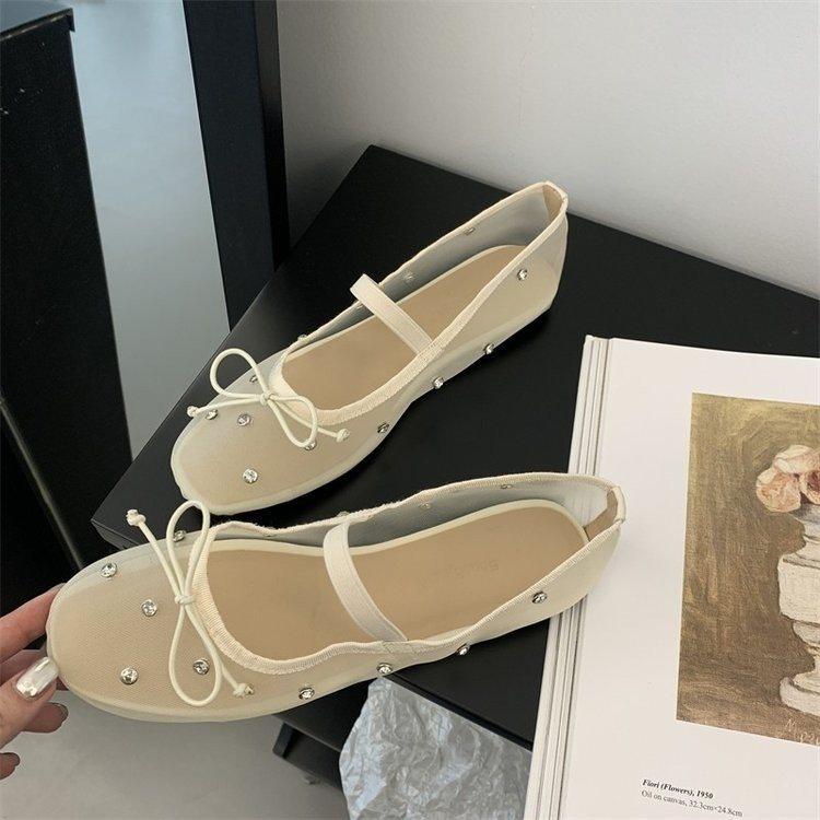 Bow fashion princess shoes soft sole with temperament one word mesh round head rhinestone sweet shallow mouth single shoes flat shoes