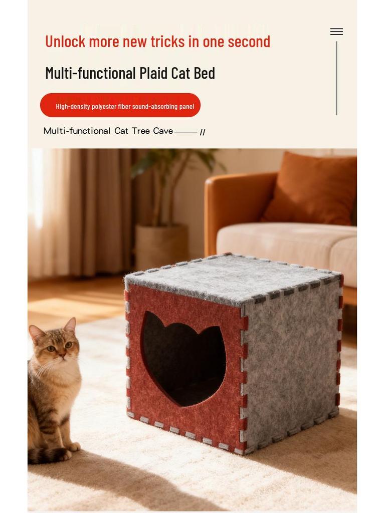 Felt Cat Bed & Scratch Board: DIY Assembly Tunnel, Detachable Semi-Enclosed All-Season Dice-Shaped Bed