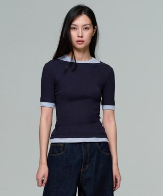 ERA Women Boat Neck Double Layer Slim Rib T - Ink Gray