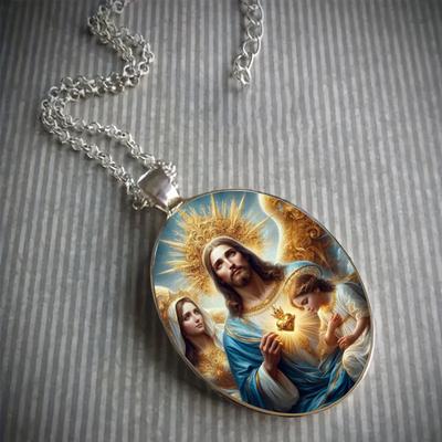 A Jesus Mary Christian Jesus Sacred Heart Pendant Divine Love and Faith Time Gemstone Pendant Necklace Suitable for Daily Wear